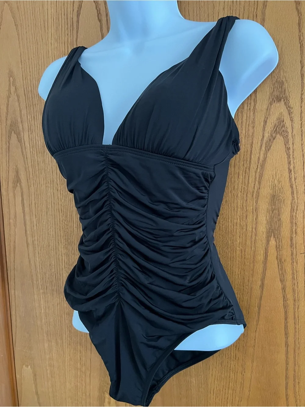 Black Ruched Slenderizing One-Piece Swimsuit - Picture 1 of 7